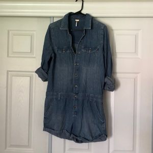 Free people denim button up romper